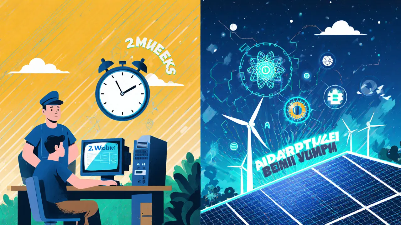 Split poster: 2009 miners with CPUs vs. futuristic AI mining nodes connected by an adaptive difficulty bridge.