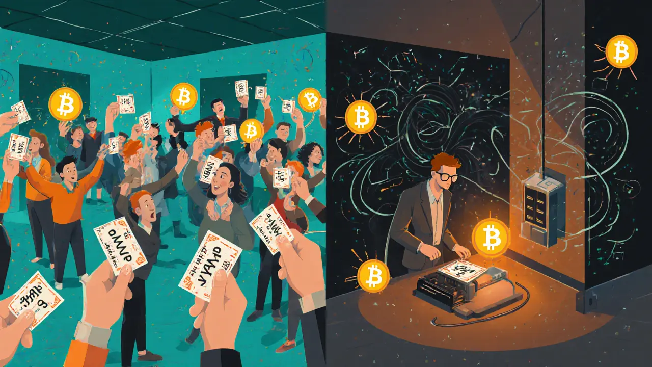 Split scene: chaotic crypto traders vs. quiet developer connecting hardware, rendered in angular poster art style.