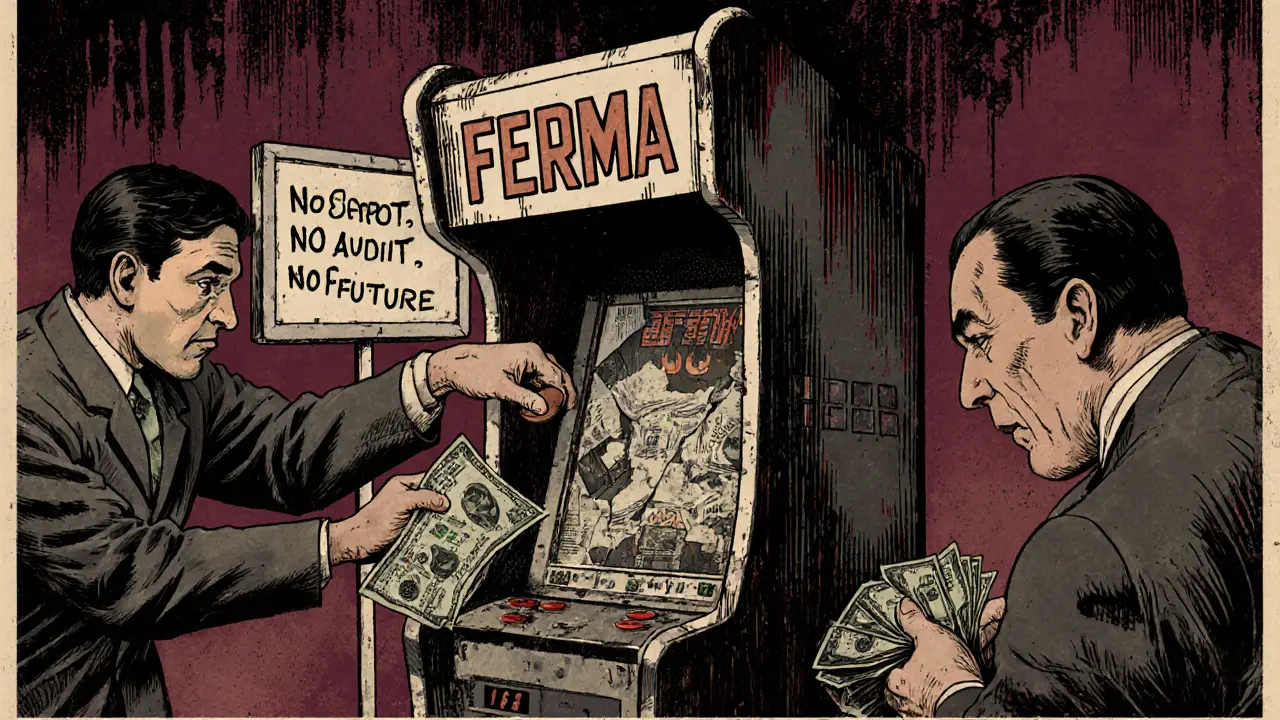 Three players at a crumbling arcade machine labeled FERMA, with a sign saying &#039;No Support. No Audit. No Future.&#039;