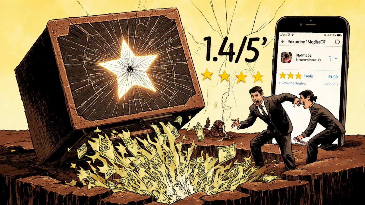 A broken wire transfer machine draining money into a void as users panic beside a useless app.