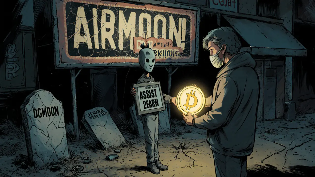 A confused person receives a DOG token from a masked figure, as dead crypto tokens lie in shadow beneath a false &#039;Free Airdrop&#039; sign.