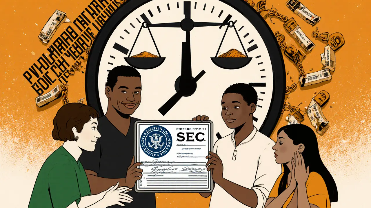 A family celebrates a SEC license as unlicensed exchange risks crumble around them, clock ticks to September 2025.