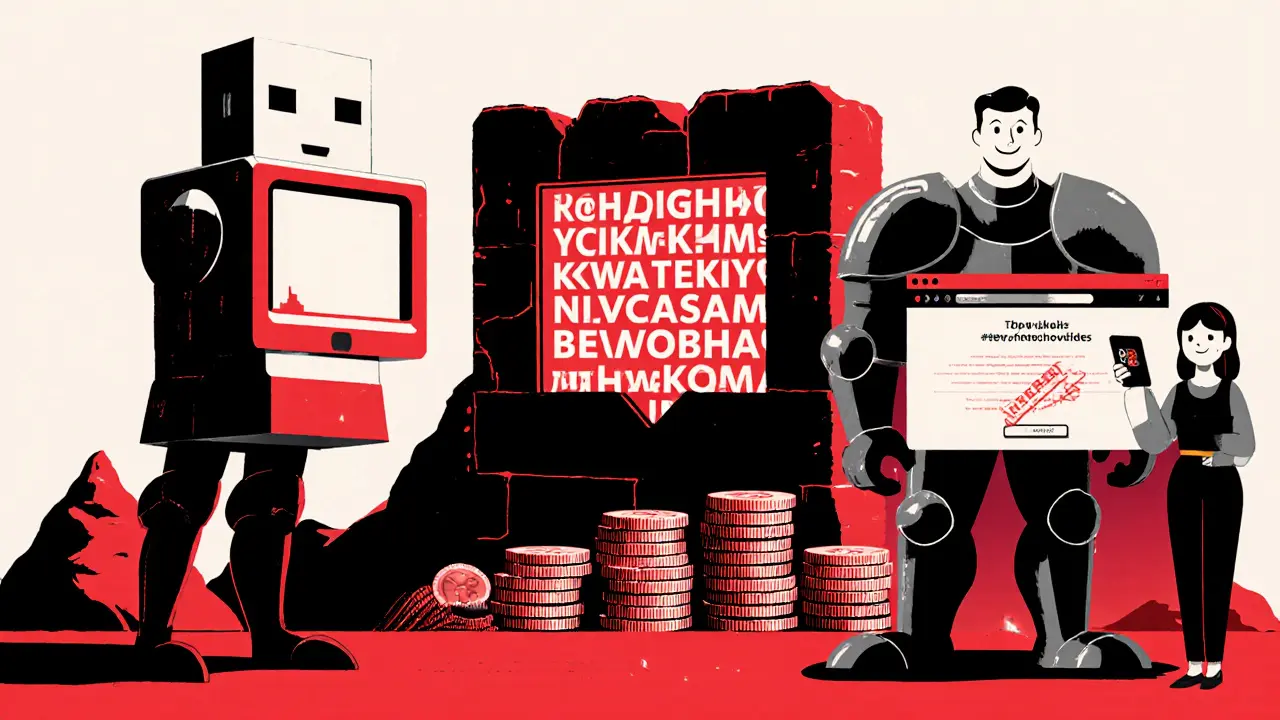 A hardware wallet stands like a knight beside a mountain of crypto coins, protected by a stone recovery phrase wall.