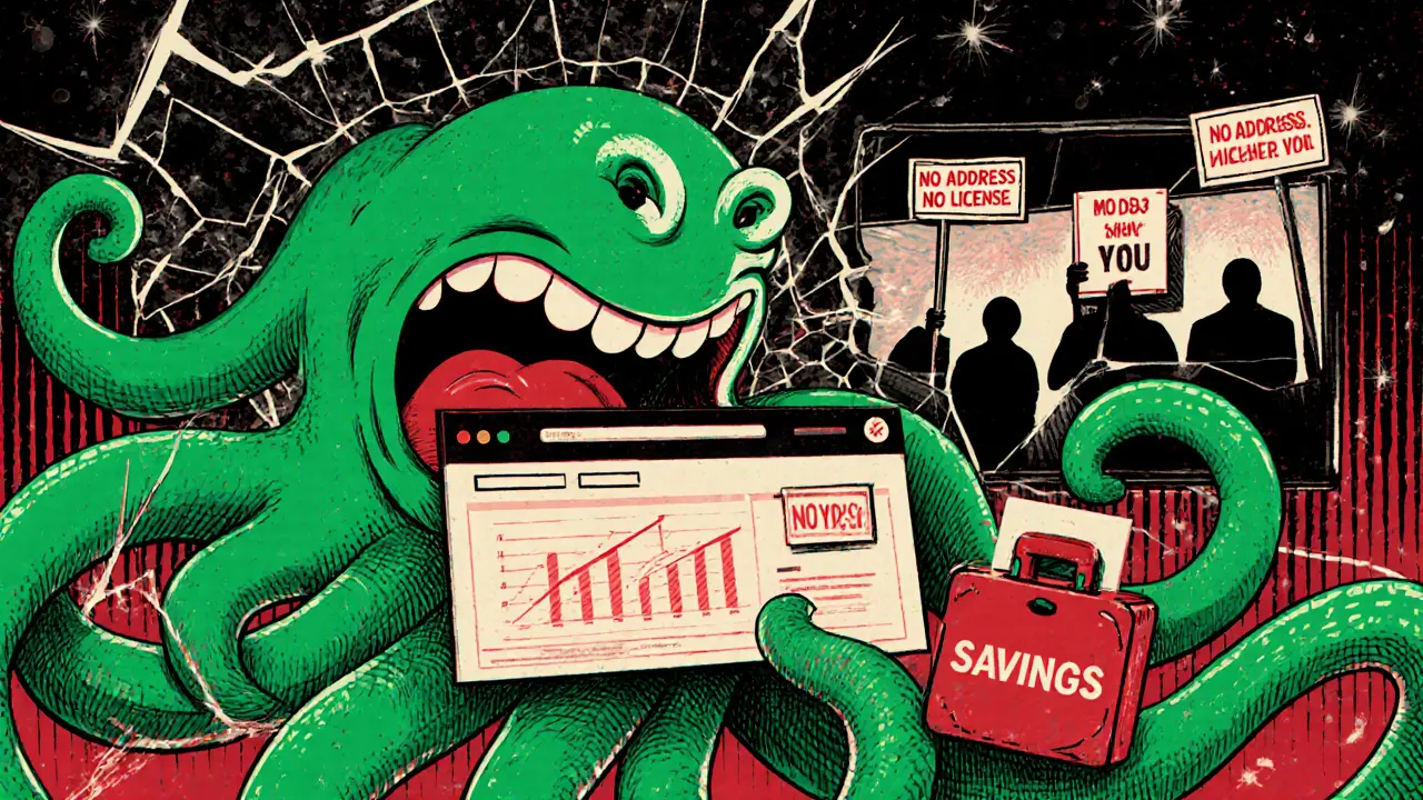 A monstrous website entity swallows a suitcase of savings, surrounded by signs of fraud and anonymity.