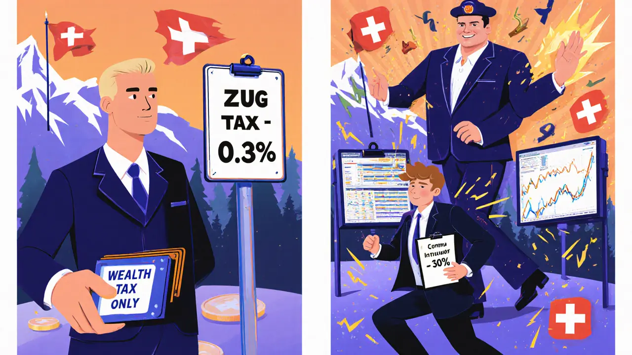 A peaceful investor beside a low-tax canton sign vs. a chaotic trader being chased by a tax inspector.