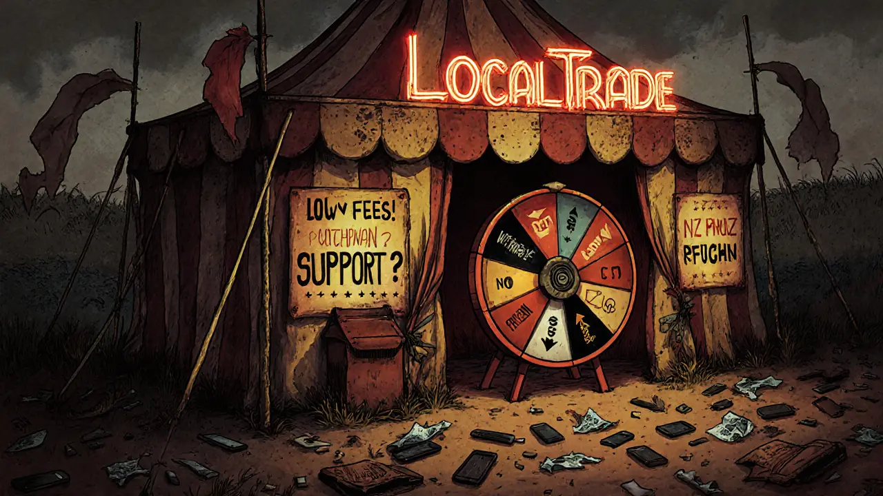 A sinister carnival tent luring victims with false promises of crypto trading and support.