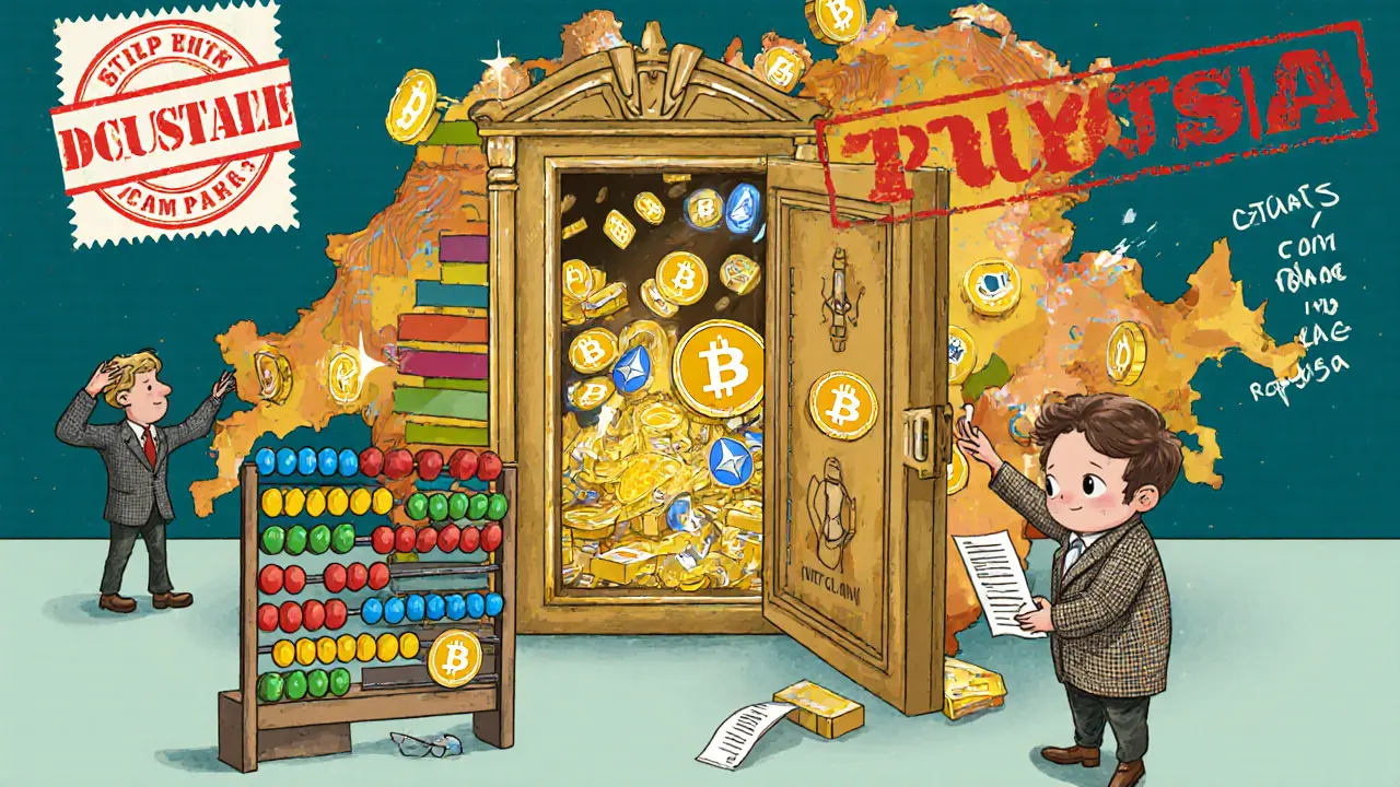 A Swiss vault filled with glowing crypto tokens as an accountant tallies wealth with a blockchain abacus.