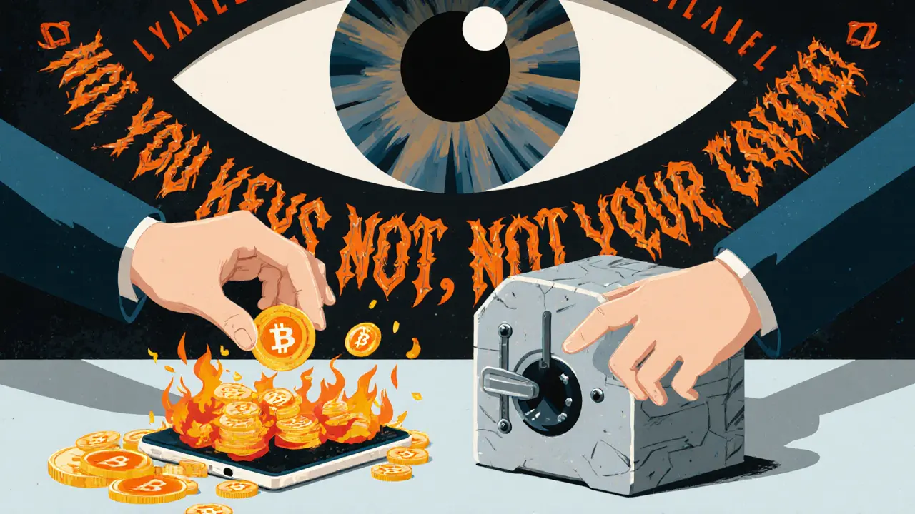 A user splits crypto between a hot wallet and a cold vault, with the phrase &#039;Not your keys, not your coins&#039; in the background.