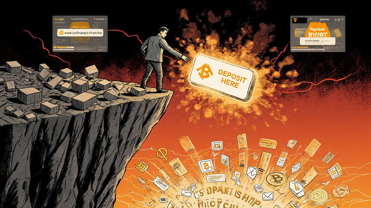 An investor reaches for a dissolving deposit button while legitimate exchanges glow in the distance.