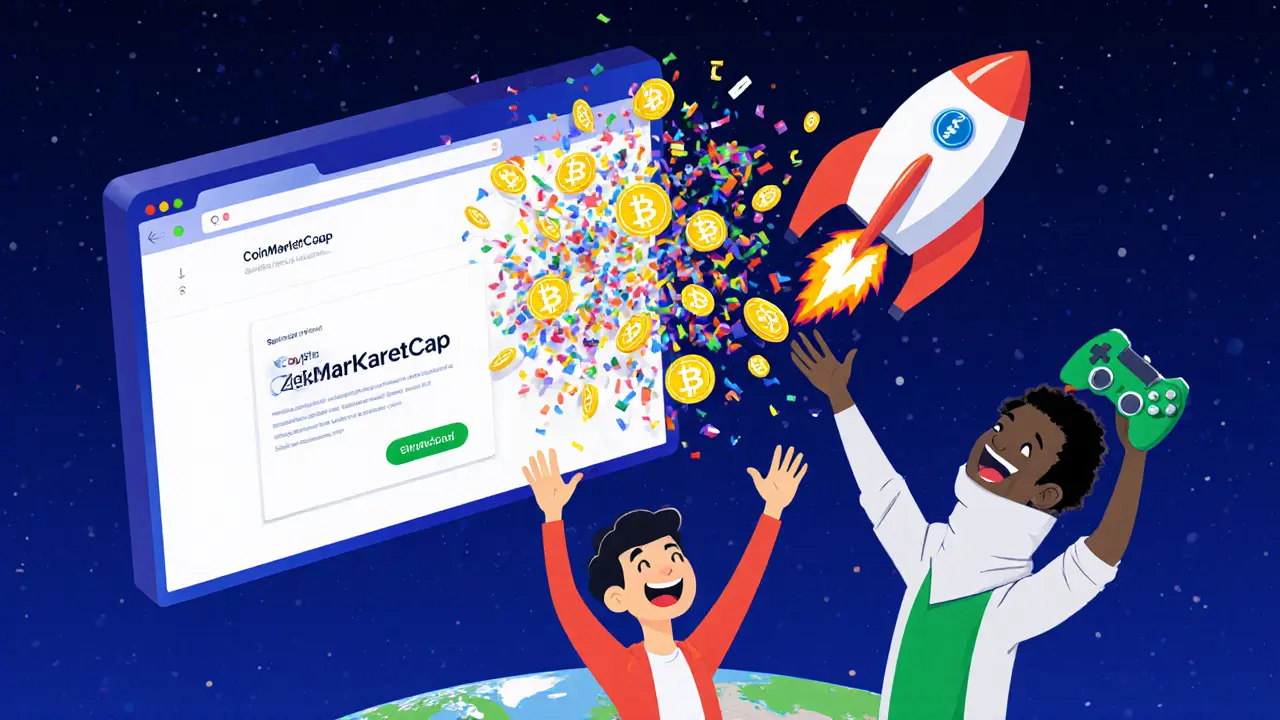 CoinMarketCap email bursting with SPWN tokens flowing into a rocket-shaped Solana wallet.