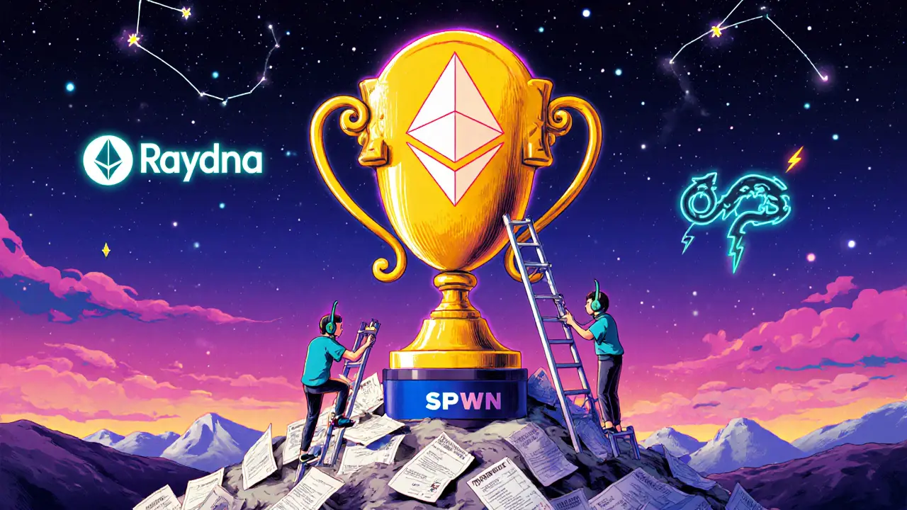 Giant SPWN trophy tower over Ethereum fees, gamers climbing with Solana lightning ladders.