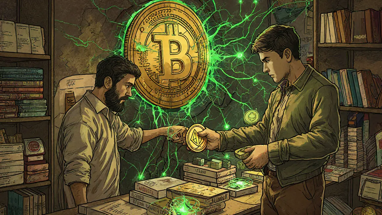 Iranians trade digital coins for medicine and parts through invisible crypto networks, with a giant FATF seal cracking under transaction weight.