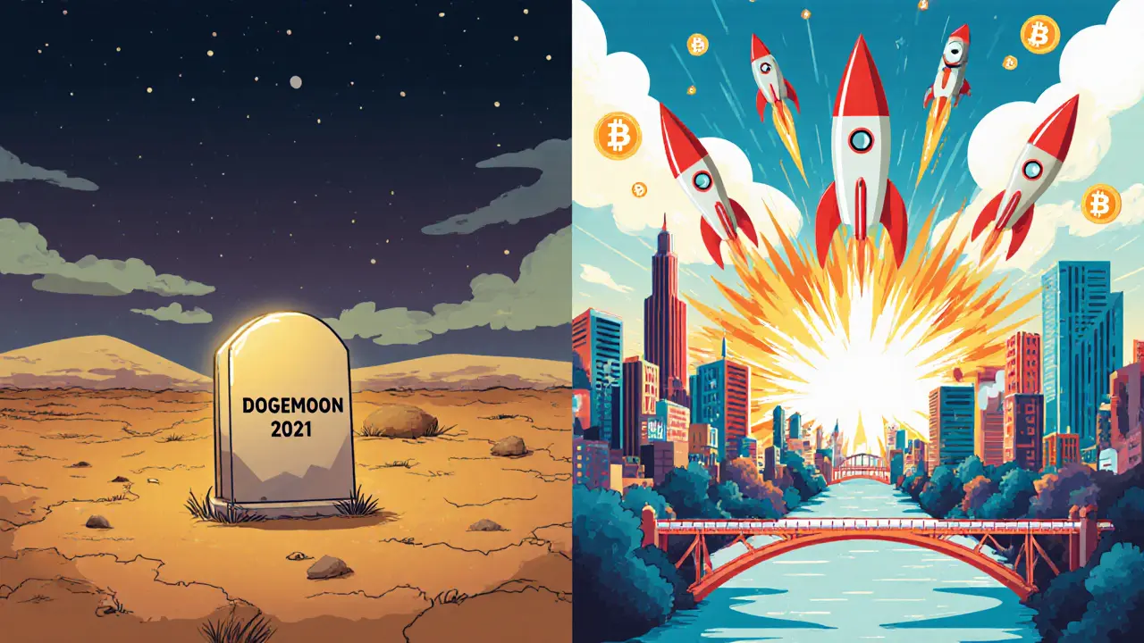 Left: a dead blockchain graveyard with DGMOON; right: a thriving city of DOG tokens and developers in bold Polish poster style.