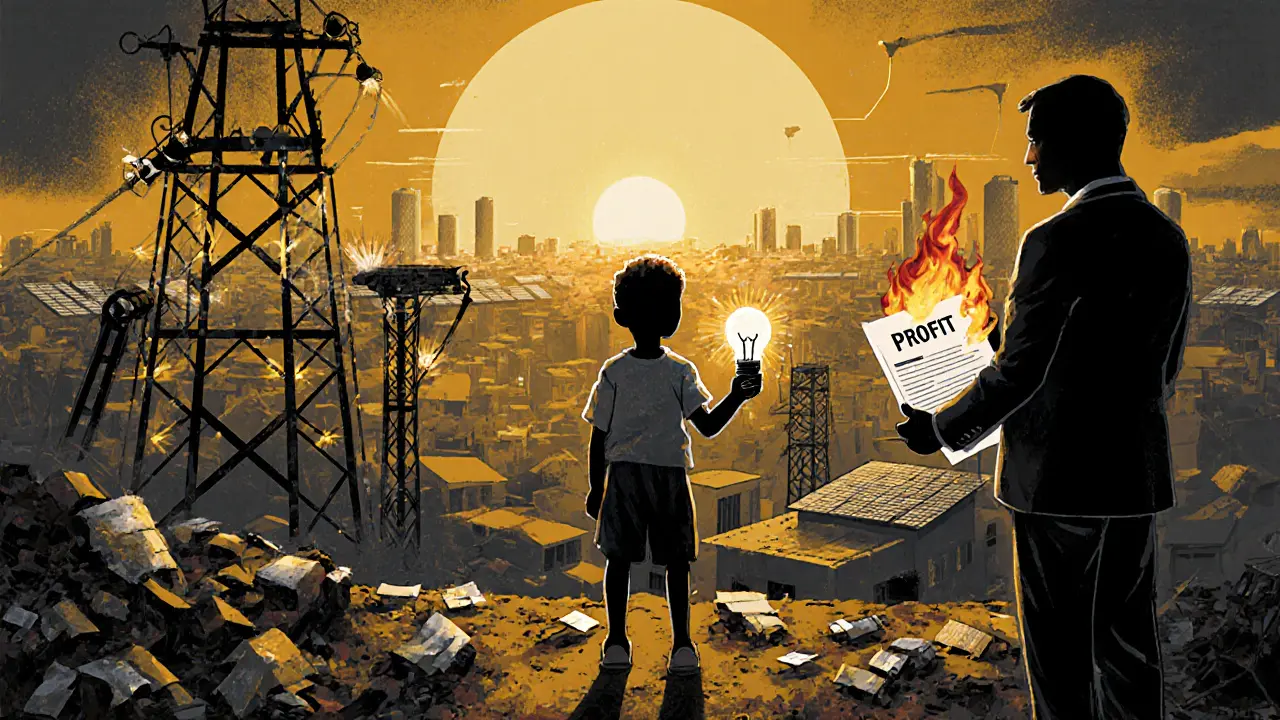 A child holds a lightbulb before broken mining rigs, as solar panels rise on rooftops in the background.