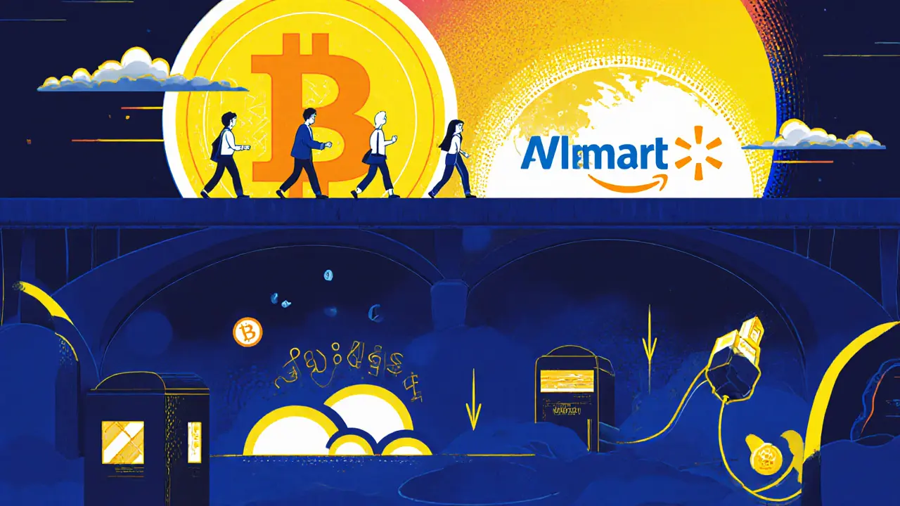 A giant USDC coin bridges the world as merchants connect to crypto payments, leaving old fees behind.