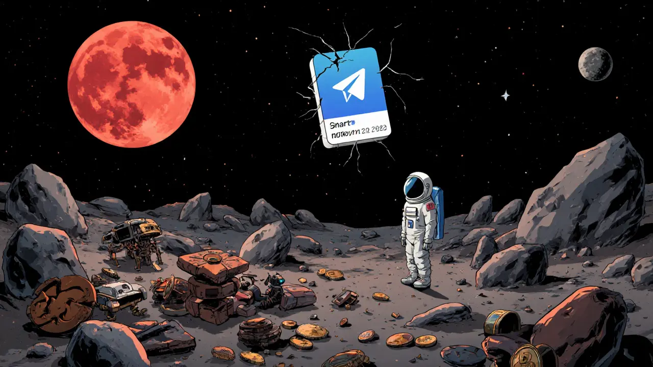 A graveyard of abandoned crypto NFTs and tokens drifts in deep space, with a frozen Telegram icon glowing faintly above.