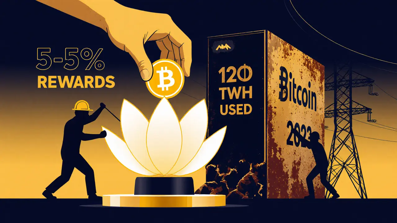 A hand placing a coin into a lotus-shaped staking portal, while a heavy ASIC rig crushes a power grid behind.