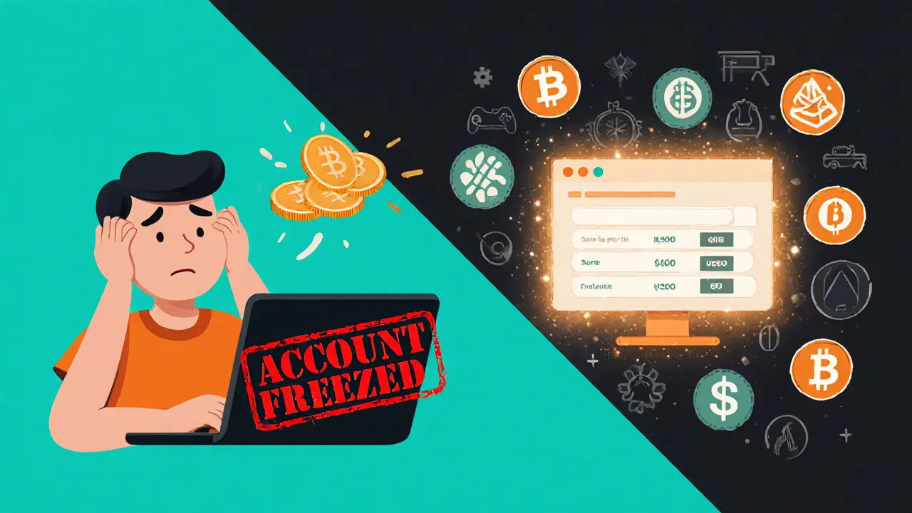 A merchant contrasts frozen bank accounts with smooth crypto payments using a glowing gateway interface.