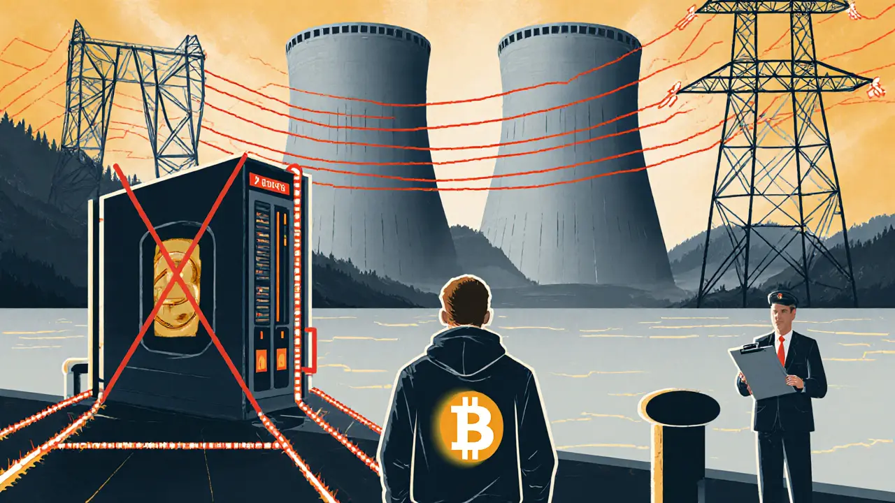 A miner blocked by an energy grid in British Columbia, with hydro dams and government official in poster style.