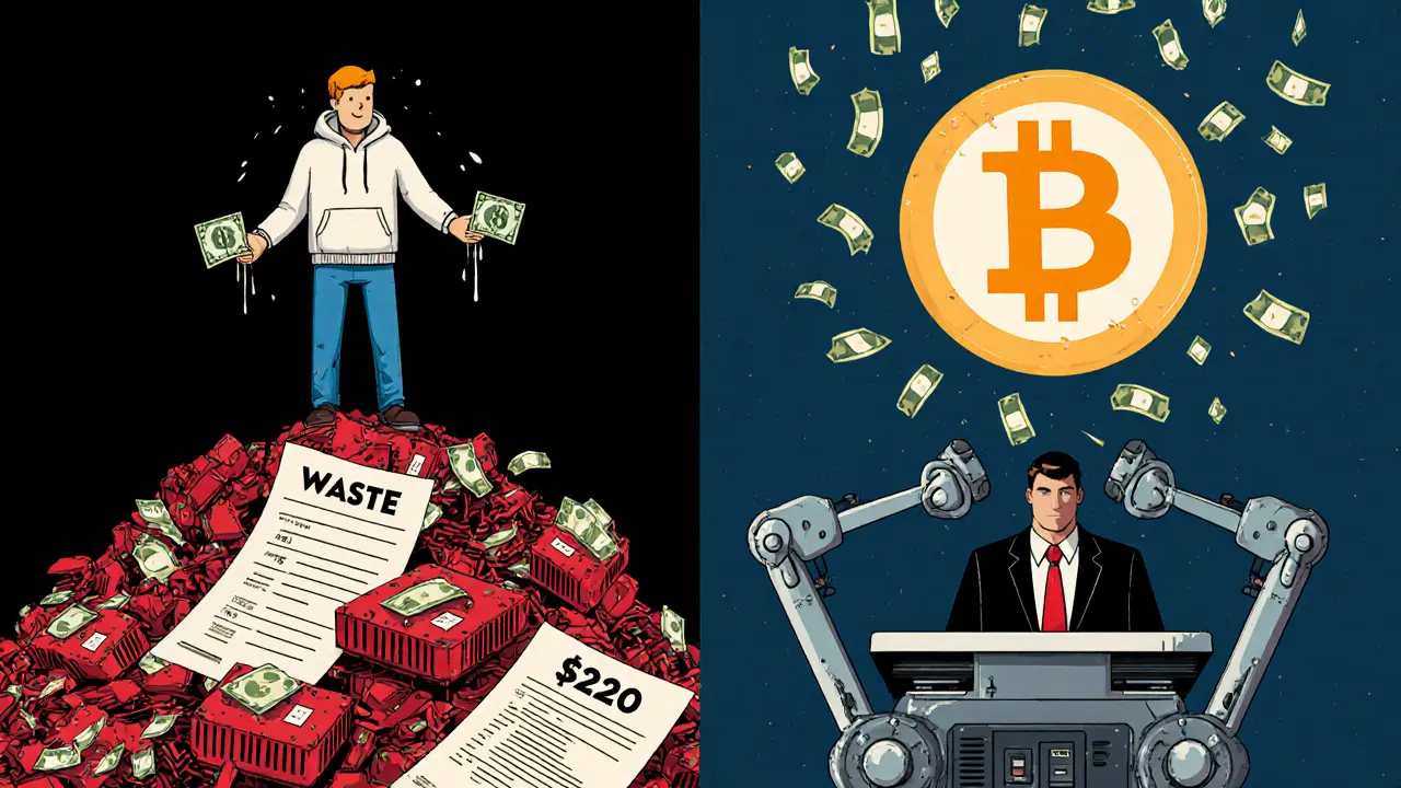 A miner overwhelmed by discarded hardware and high electricity costs, while a corporate miner profits with sleek technology.