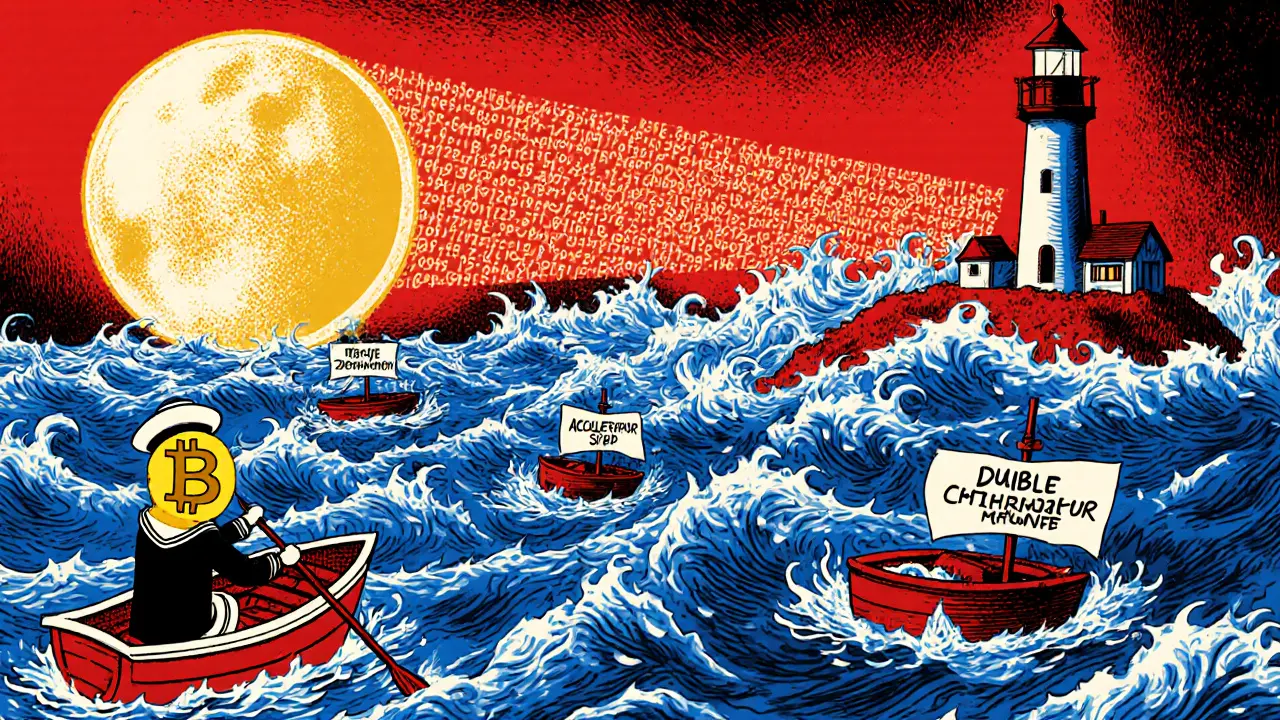 A sailor in a Bitcoin hat rows toward a confirmation lighthouse amid a storm of transactions.