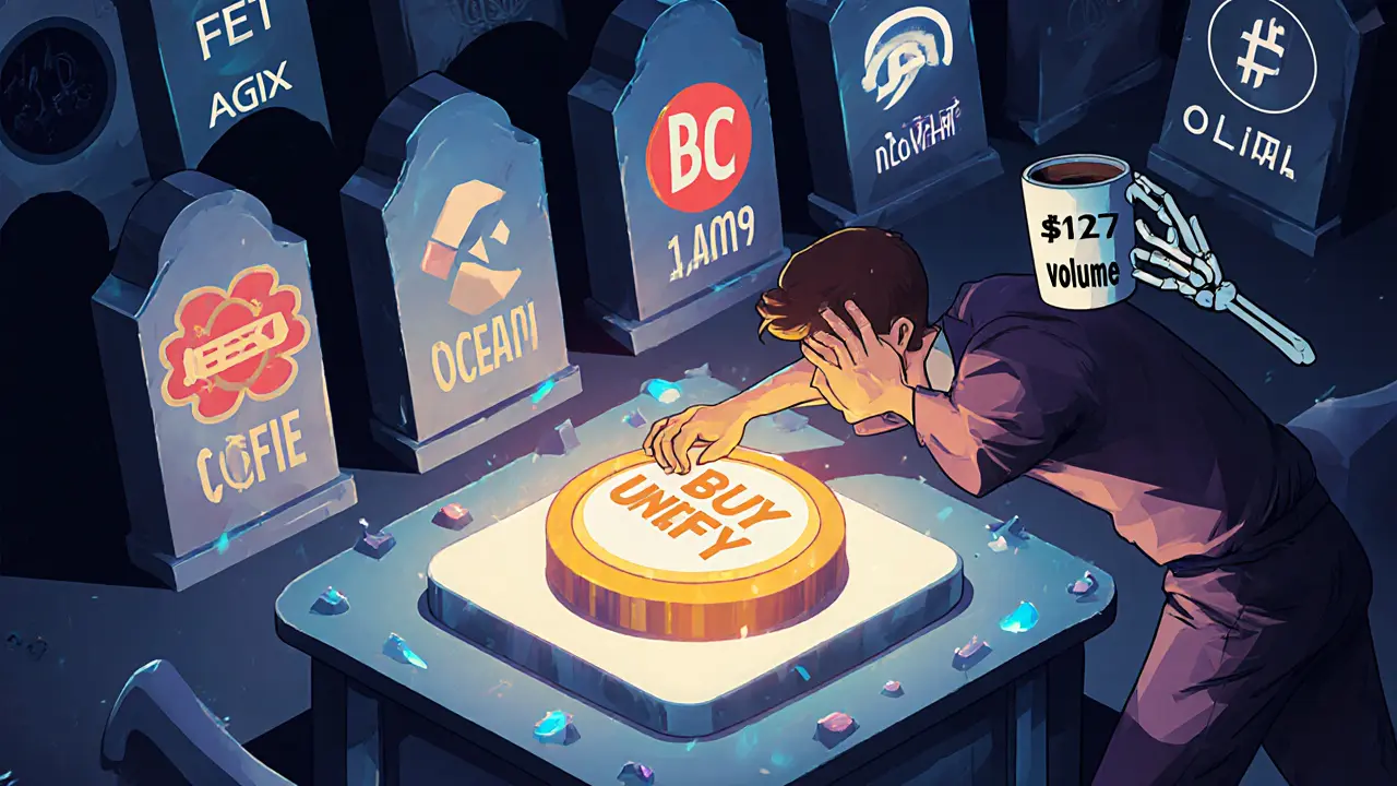 A trader reaching for a fake UNIFY buy button while a graveyard of real crypto projects looms behind.