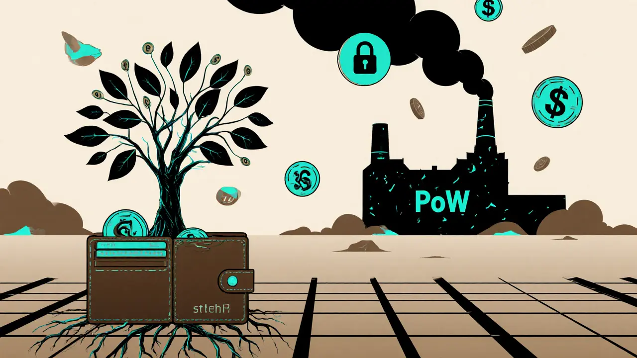 A tree made of staking tokens grows from a wallet, roots powering a clean grid, as a polluting PoW factory crumbles in the distance.