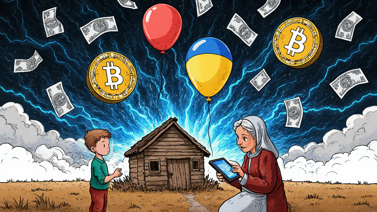 A Ukrainian grandmother giving a child a digital wallet, with crypto coins floating above collapsing money.