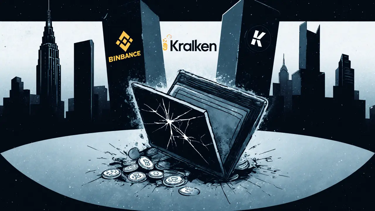 An empty digital wallet drifting in void, coins dissolving into ash, surrounded by silent exchange logos.