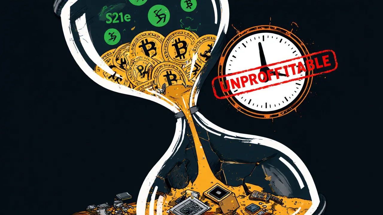 An hourglass symbolizing the lifespan of mining hardware, with new efficient miners at the top and obsolete ones crumbling below.