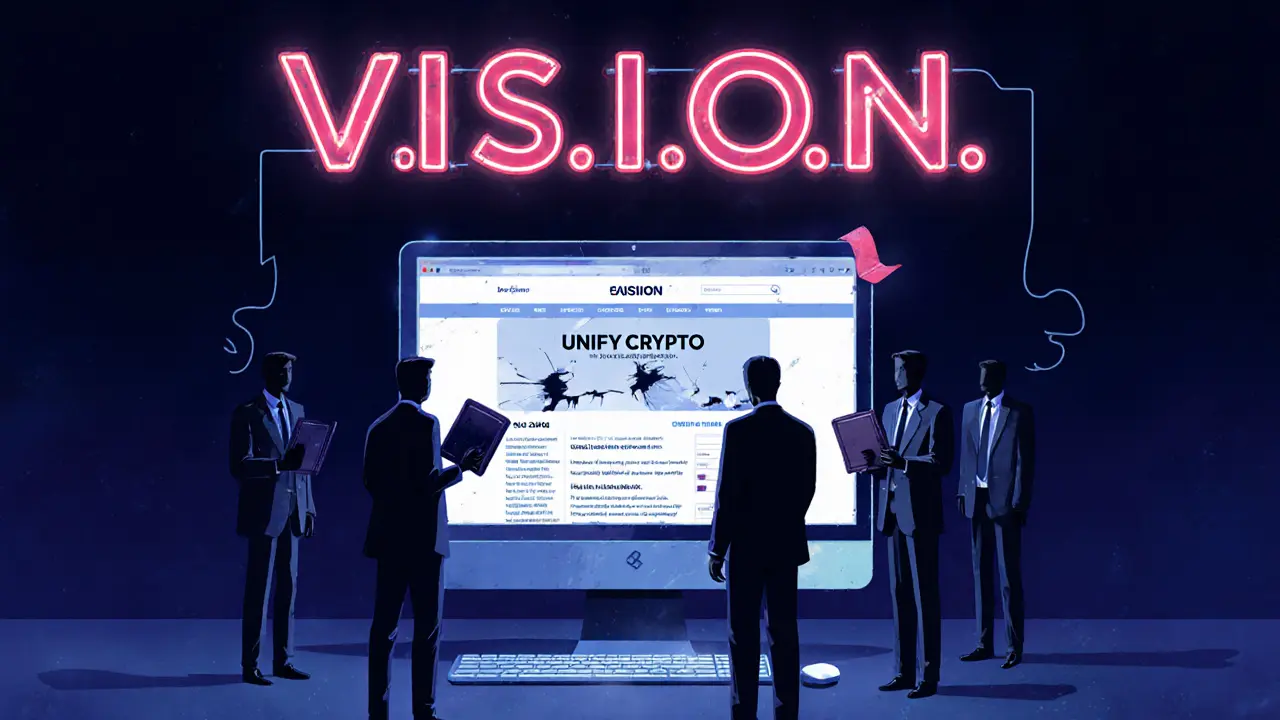 An outdated computer screen showing a dead Unify website with shadowy figures around it.