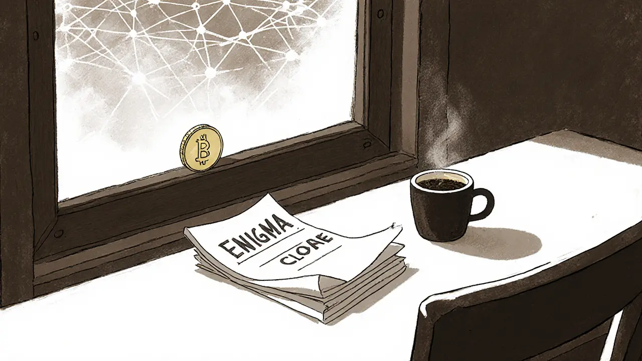 Empty room with a faded ENIGMA note and a single glowing CloakCoin on the sill.
