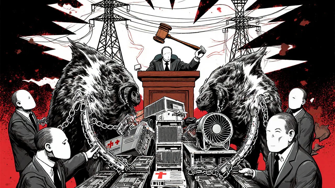 Government agents drag away mining equipment in a courtroom, while power flows to a hospital and school.