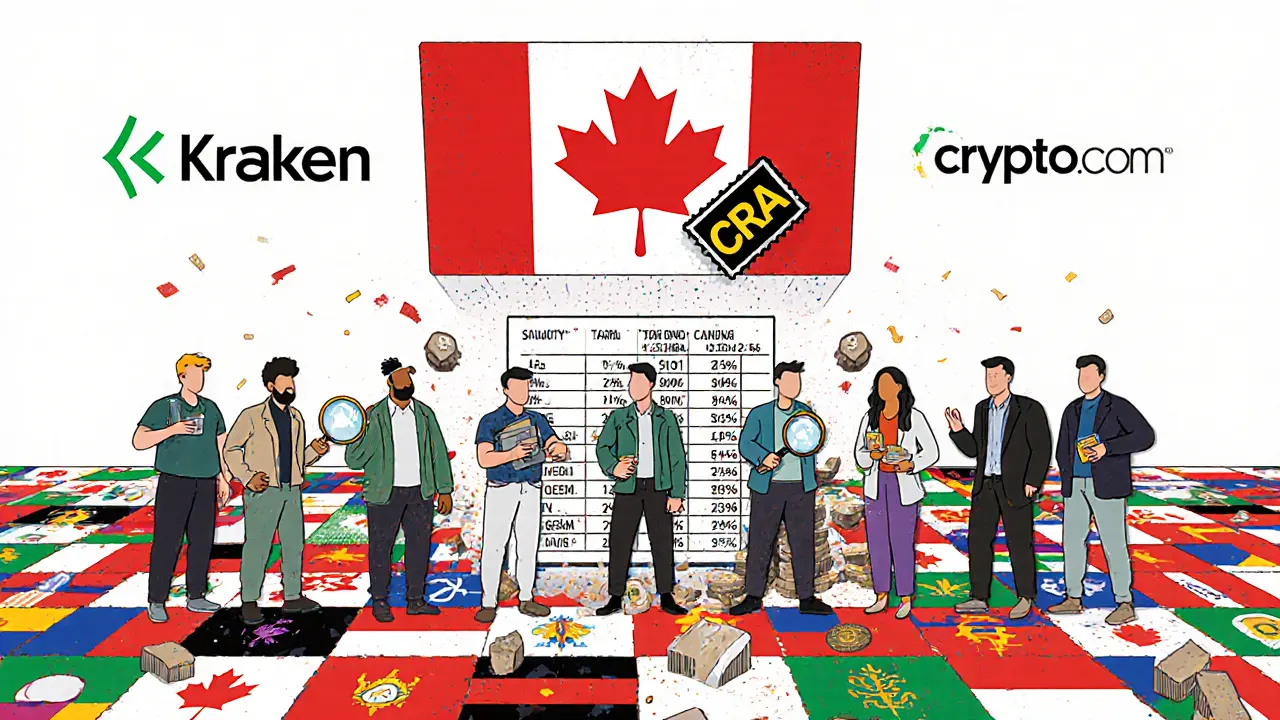 Investors standing on a tax-rate mosaic, with CRA oversight and approved exchanges as safe beacons.