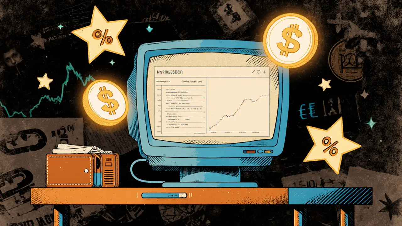 Retro wallet interface with floating 6% interest stars and a pulsing staking node.