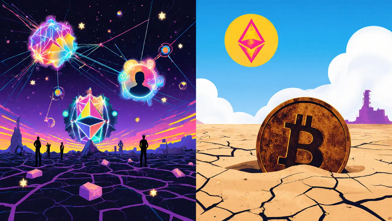 Split scene: vibrant living crypto networks vs. a barren desert with a single buried Bitstar token.