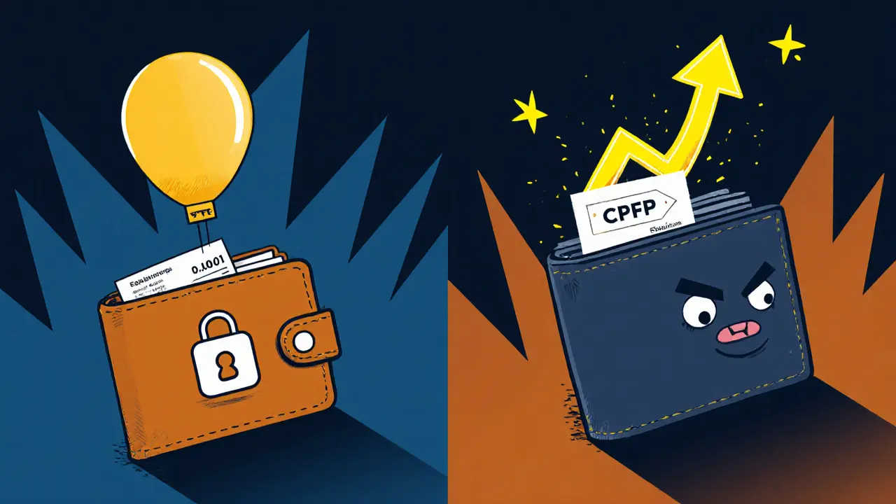 Two Bitcoin wallets: one locked and stuck, the other sending a high-fee transaction upward.