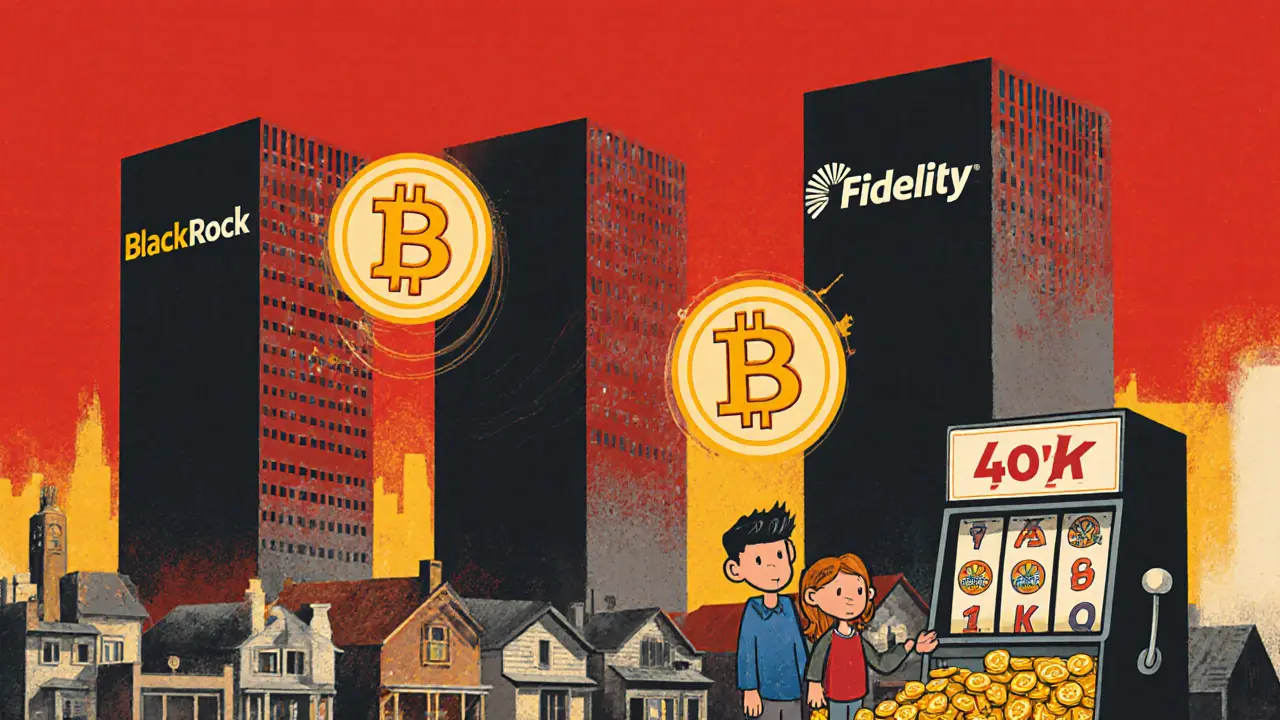 U.S. skyline with financial giants casting Bitcoin shadows over a family investing in crypto retirement.
