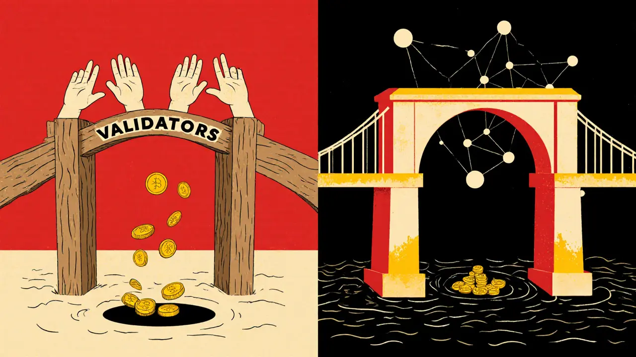 A fragile bridge with three hands versus a strong node-powered arch, symbolizing trust vs. security.