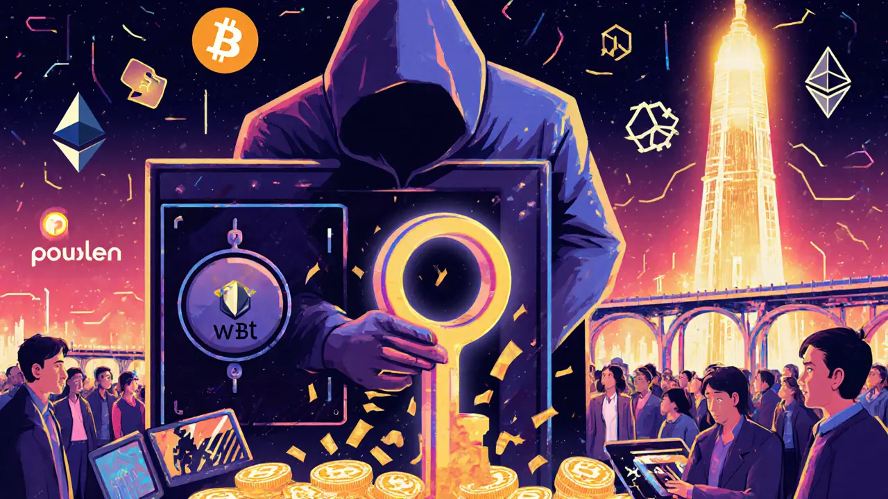 A hacker unlocking a vault of wrapped Bitcoin as coins vanish, while a futuristic bridge rises in the background.