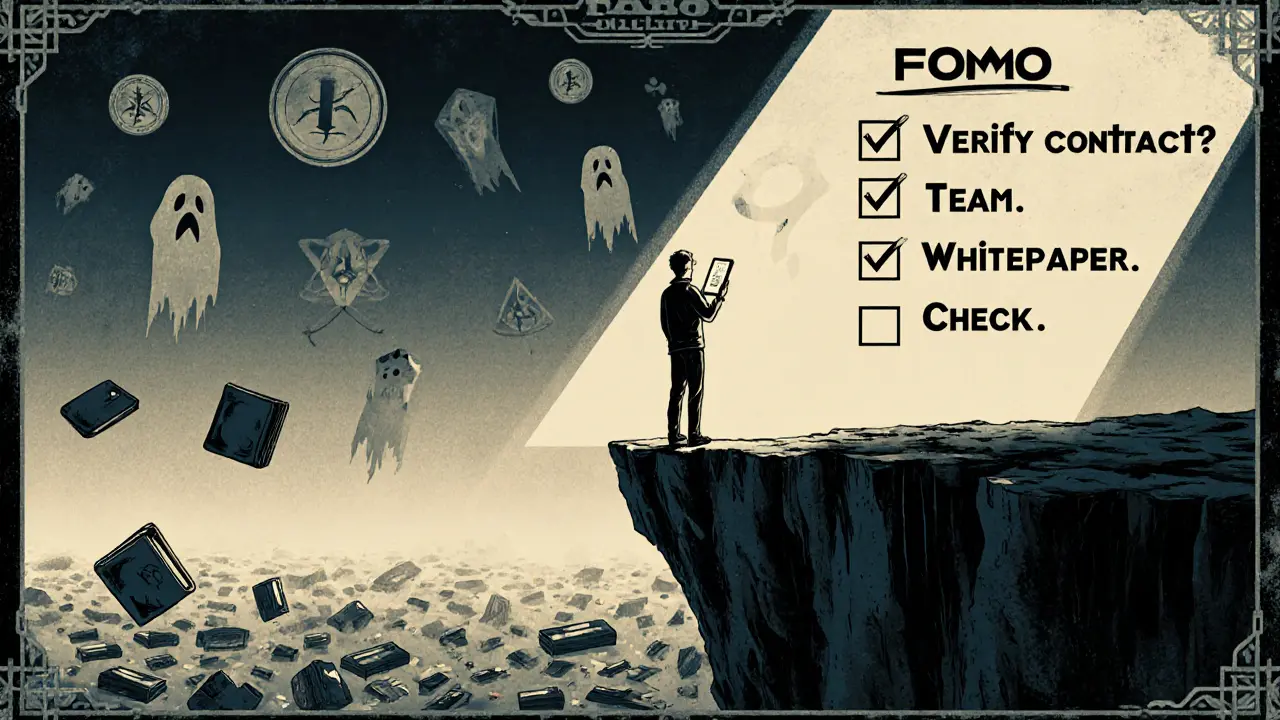 A person at the edge of a FOMO cliff, looking down at a abyss of stolen crypto assets, with a safety checklist lit above.