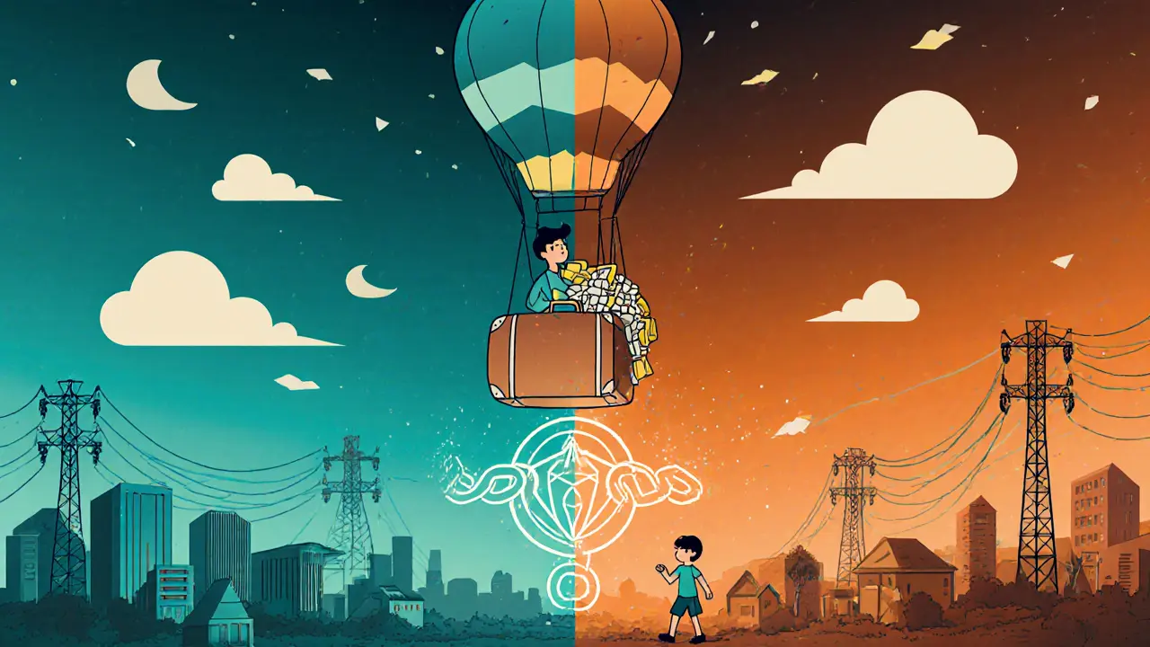 A traveler in a suitcase balloon gives unused data to a child in a distant village via a blockchain path.