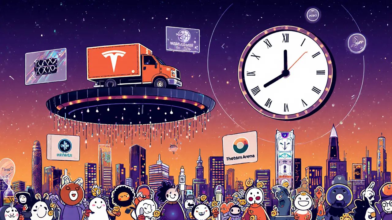 Radio Caca ecosystem as a futuristic city with Tesla Cybertruck and crypto project logos floating in a neon sky.