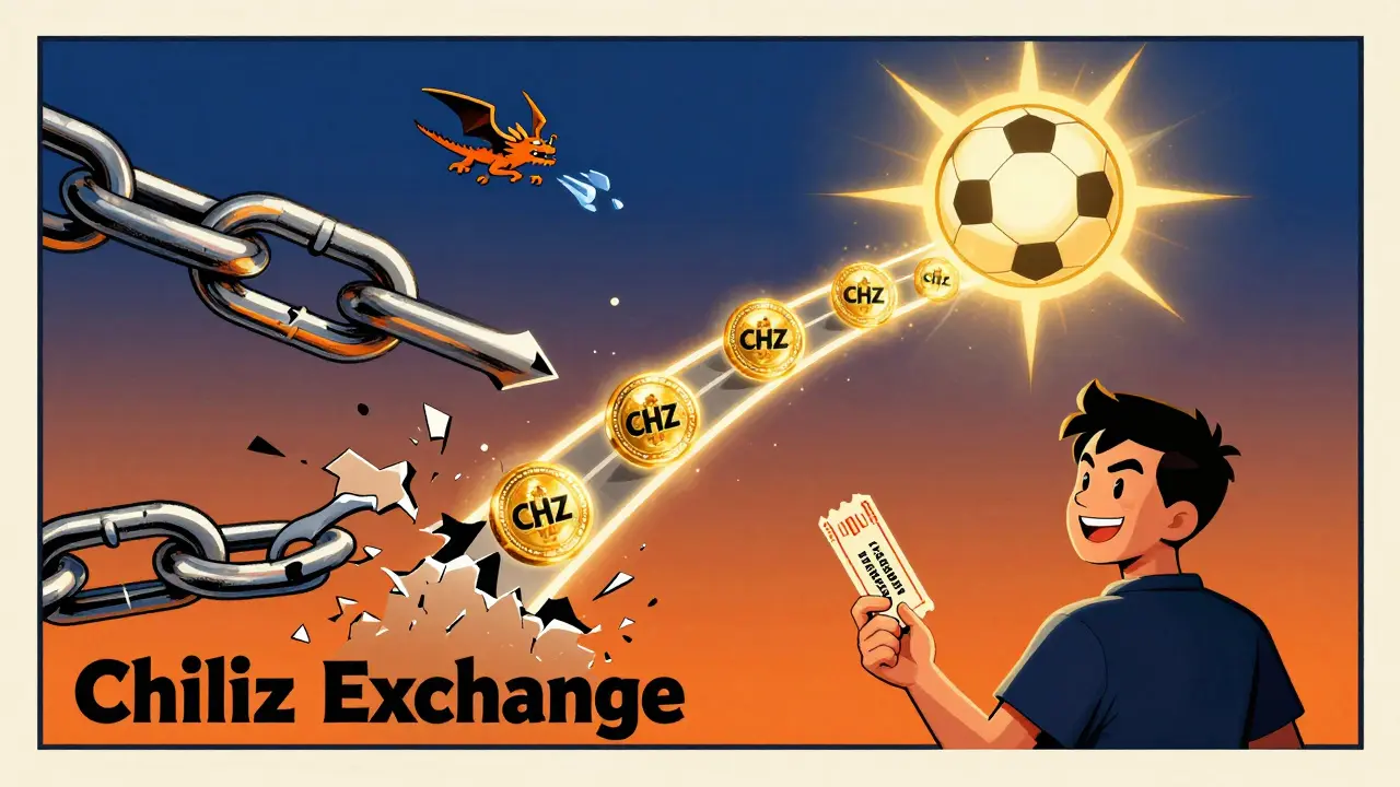 A broken &#039;Chiliz Exchange&#039; chain dissolves as a token bridge rises toward a sun-shaped soccer ball, with a fan holding a ticket.