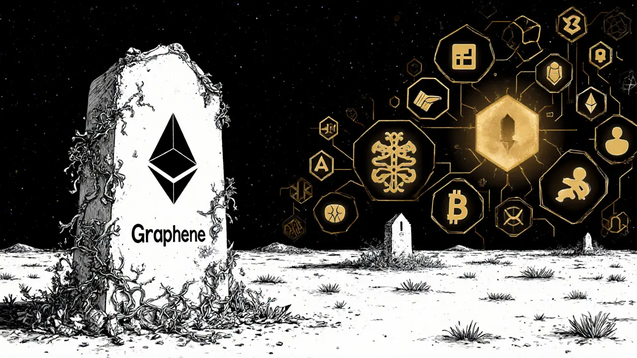 A crumbling Graphene monument decays in a digital wasteland while other blockchains thrive in the distance.