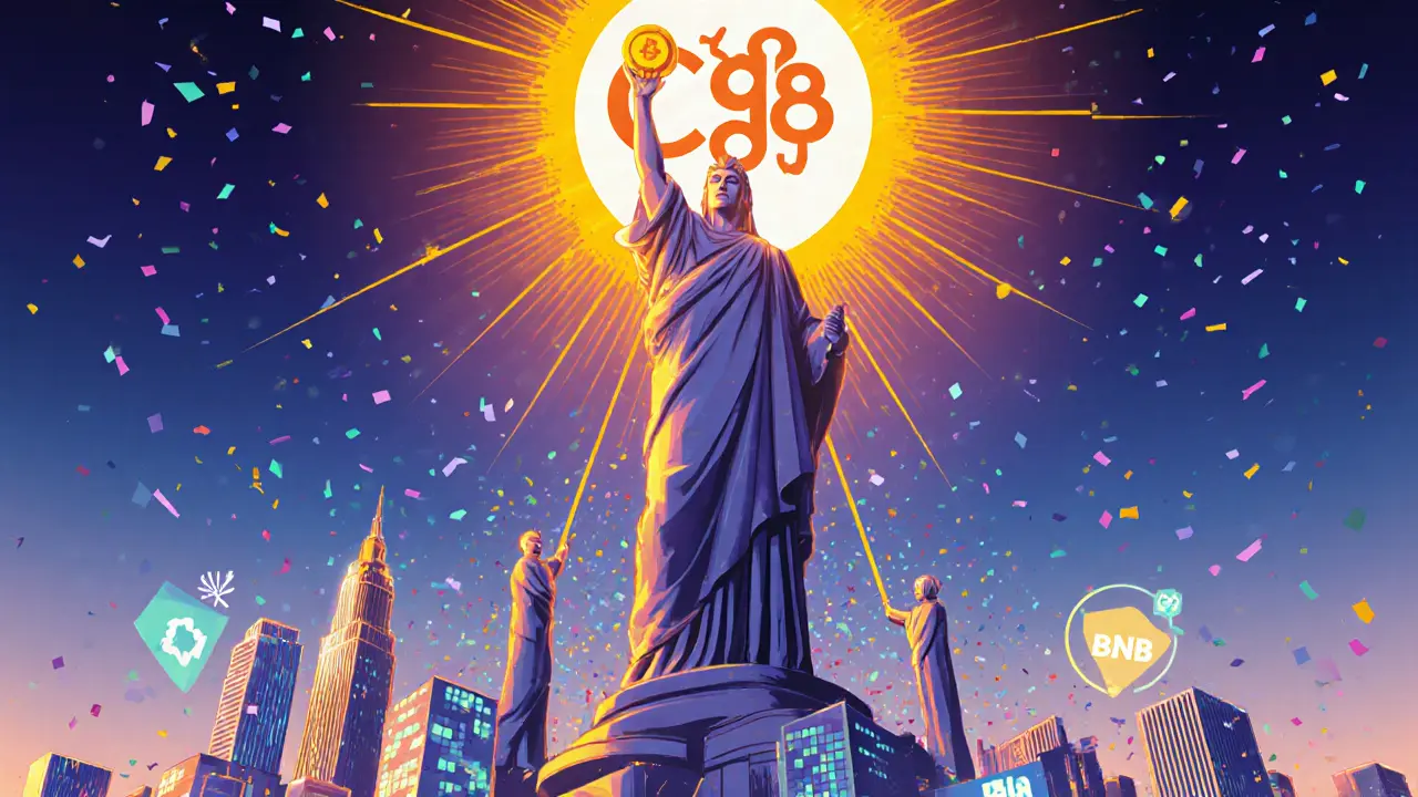 A giant Whale Staker holds a massive C98 token, surrounded by smaller stakers, under a rising Coin98-logo sun above blockchain networks.