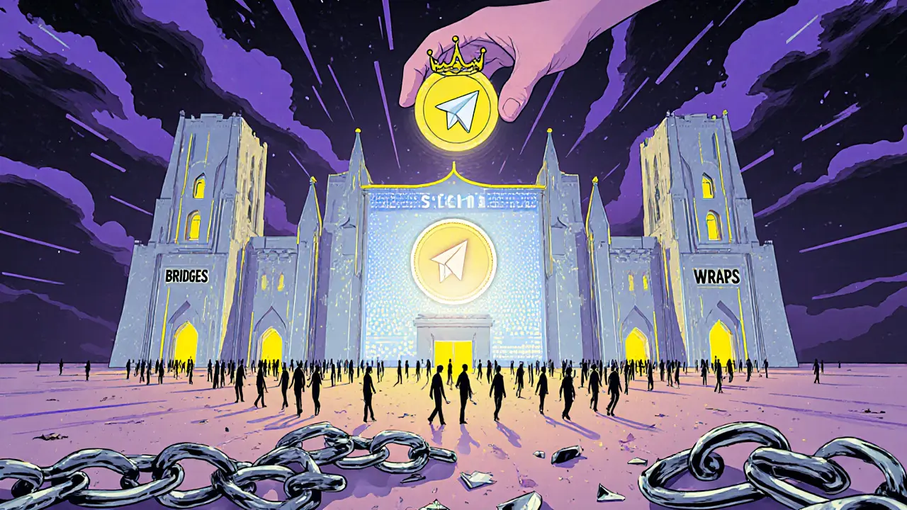 A glowing STON.fi cathedral in a digital desert, with users approaching as Telegram places a crown on the STON token.