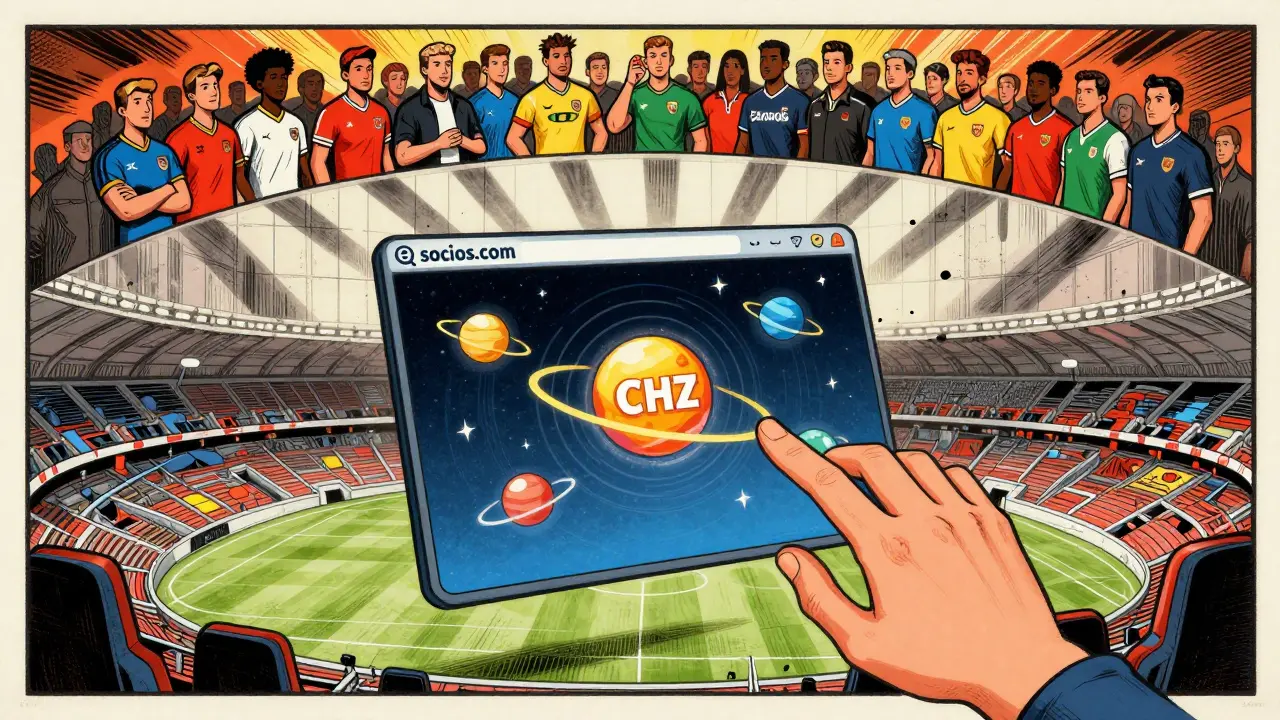 A hand reaches toward a floating app screen showing fan tokens orbiting a CHZ core, with stadium shadows behind.