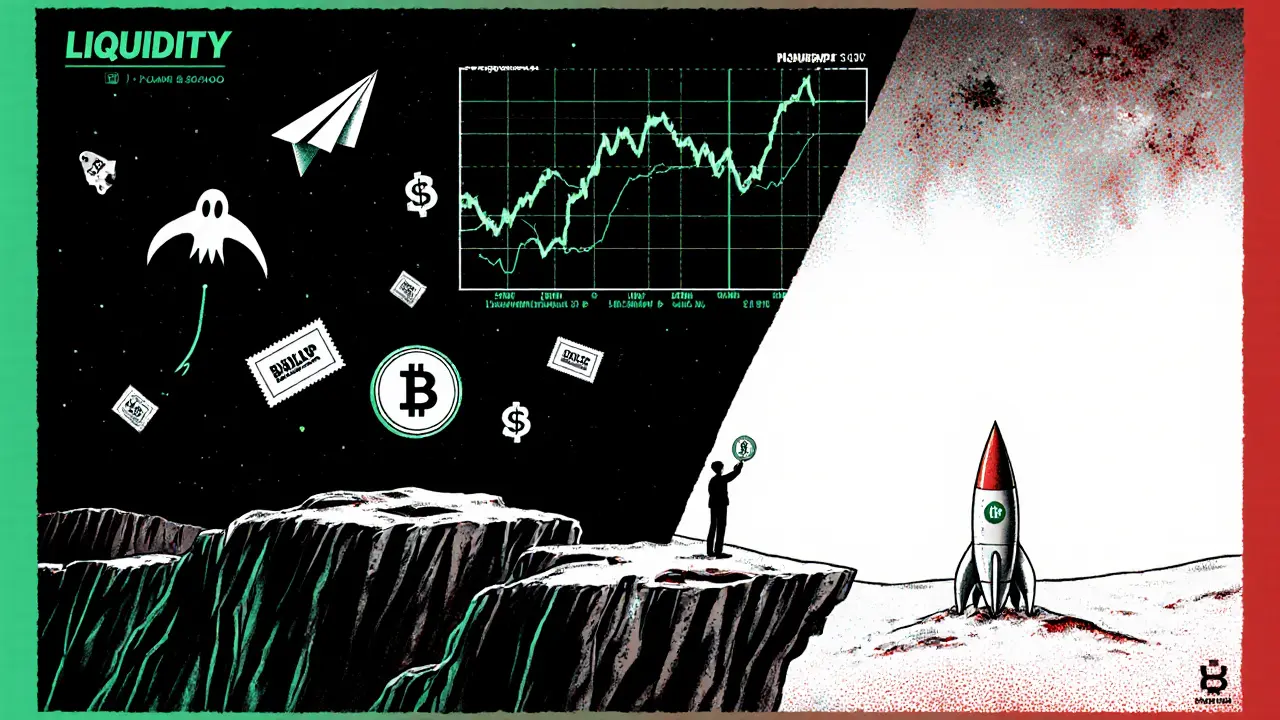 A lone investor holds a useless BULL token on a cliff above an empty canyon labeled &#039;LIQUIDITY&#039;.