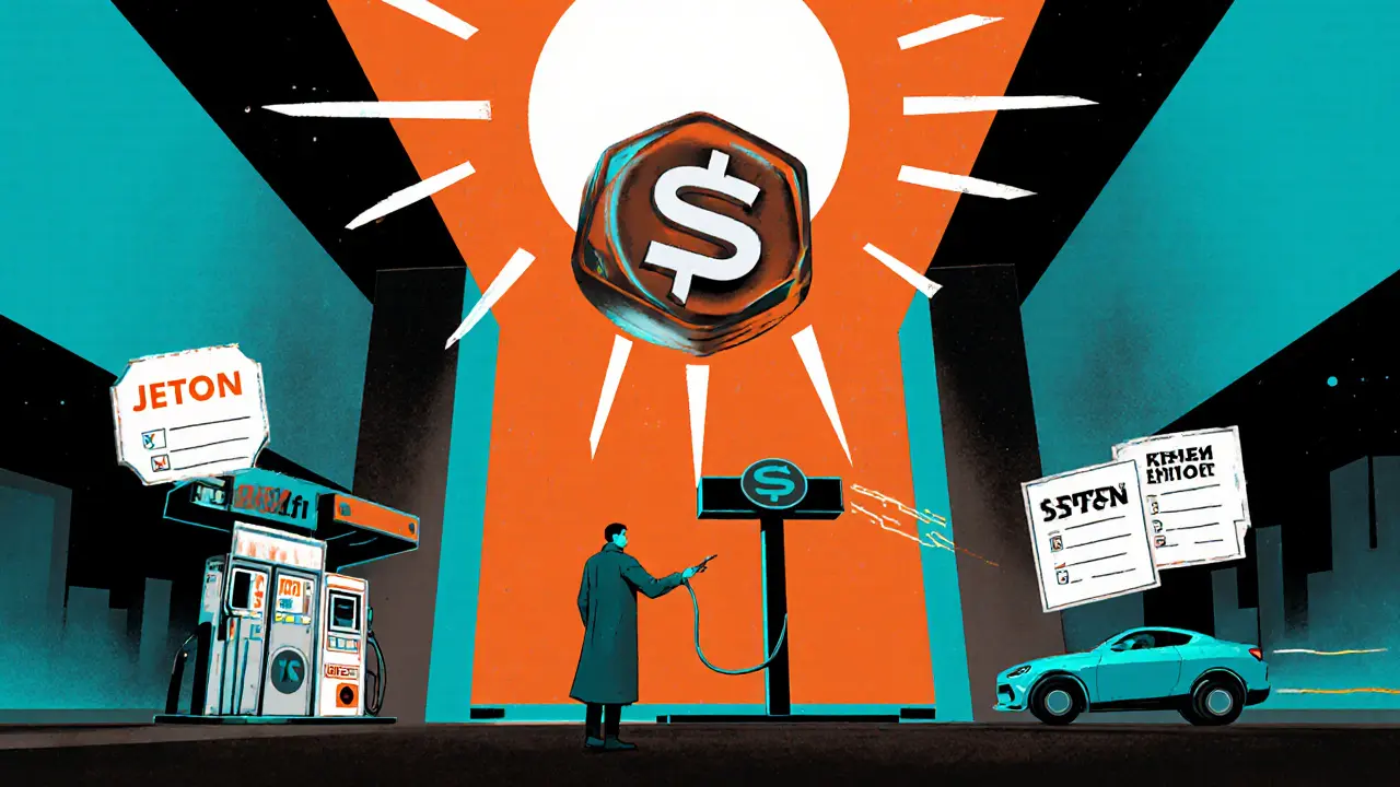 A surreal gas station dispensing digital tokens, with a STON token shining like a sun and voting ballots in the sky.